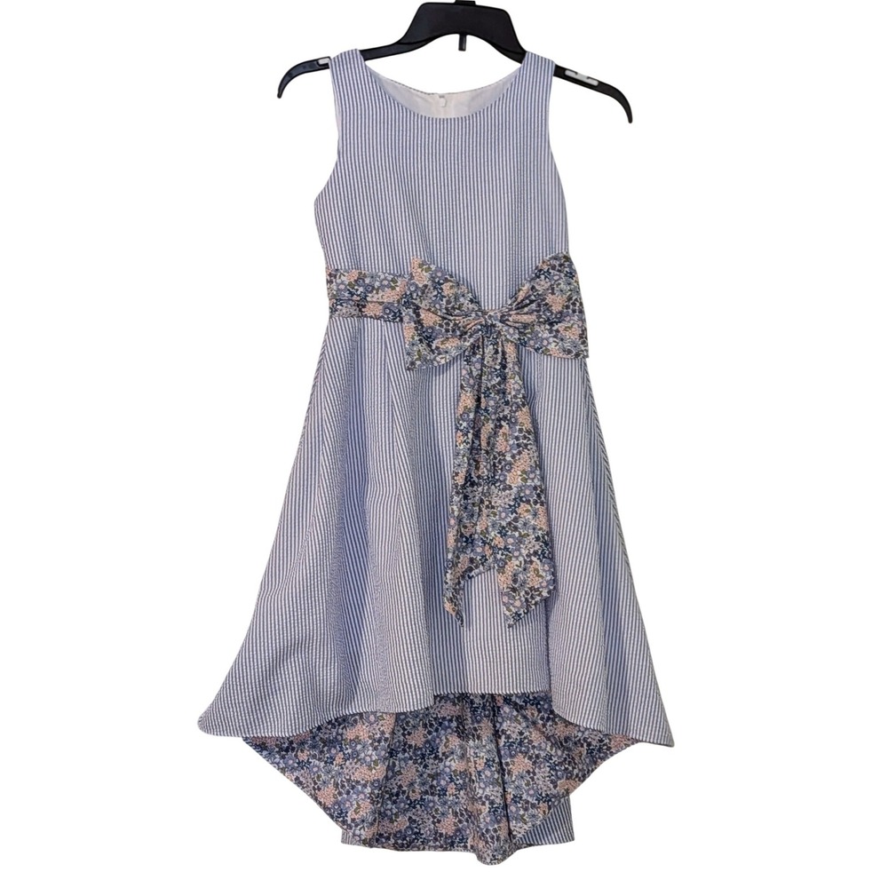 Rare Editions Girls Blue White Stripe Floral Bow Hi Low Dress Size 10‎ NWOT
